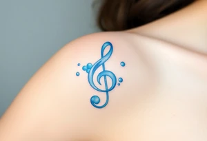 A treble clef shaped from water droplets, with a light blue and white gradient, signifying the fluidity and movement of music tattoo idea