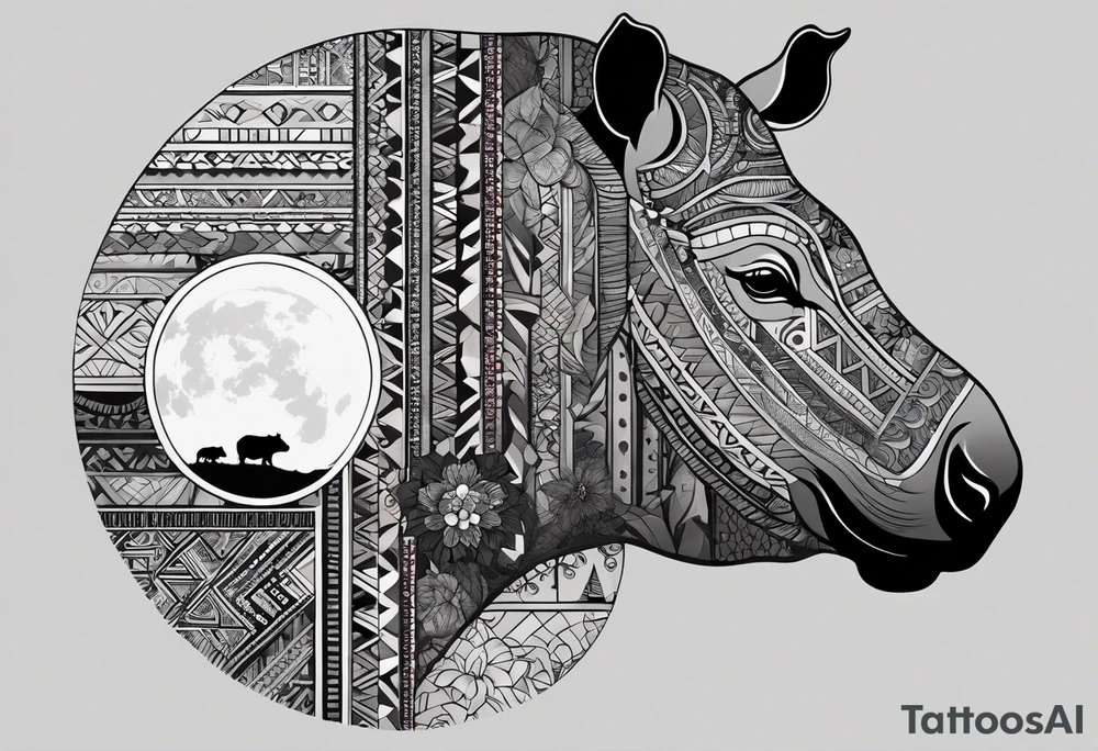 Very asymmetrical, +geometric pattern, with realistic full moon, with hippo,+tribal, +geometric, +inkart , +blackwork, +grey scale, + sketch
with wintersweet flower bud, +for men, detailed layering , modify from my favourites , dont look like a cow tattoo idea