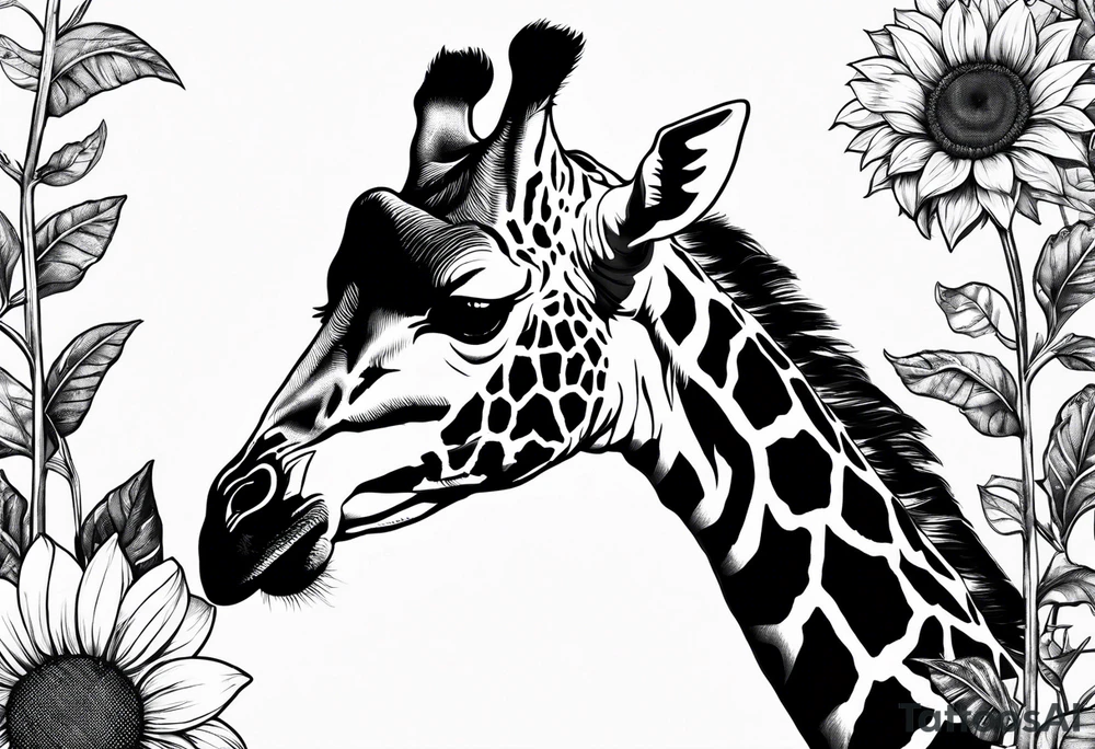 giraffe with sunflower and leafs tattoo idea