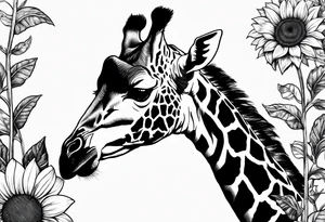 giraffe with sunflower and leafs tattoo idea