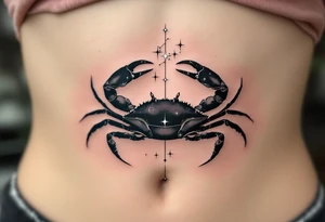 A monochrome Cancer crab is shaded in black and gray beneath astrological star constellation stars glowing in white ink. tattoo idea