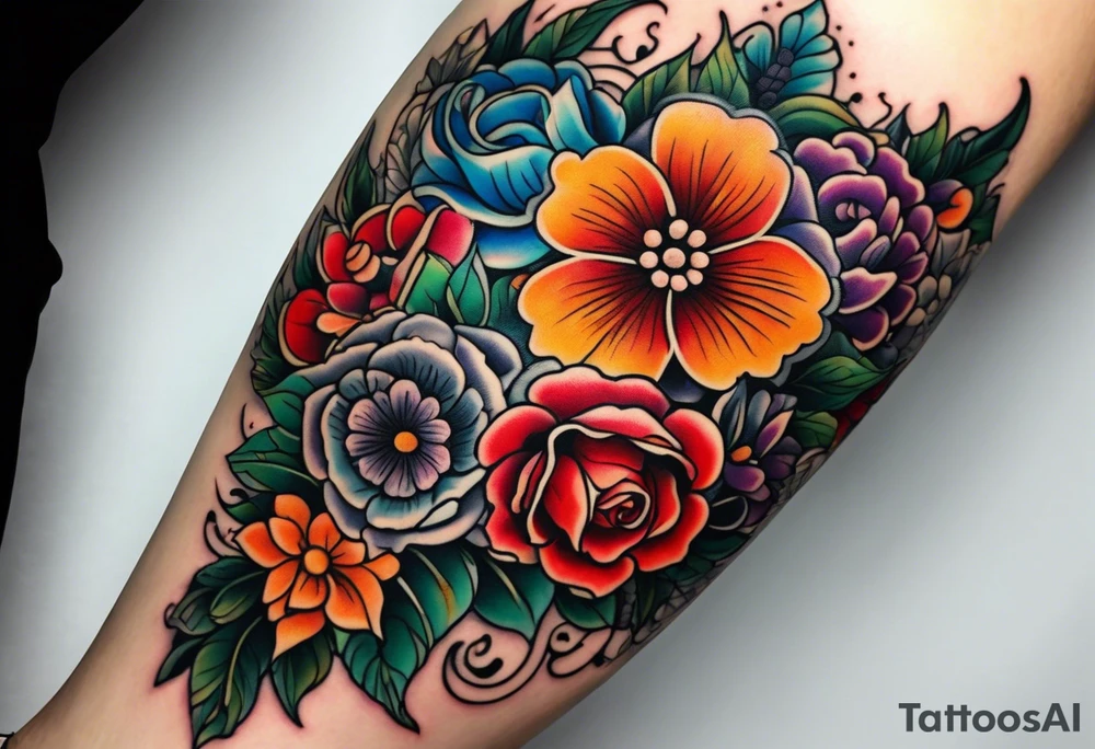 Floral leg piece with beading and lace tattoo idea. colorful, old school flowers, highly detailed, florals. tattoo idea