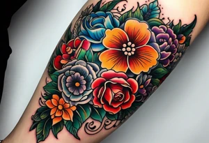 Floral leg piece with beading and lace tattoo idea. colorful, old school flowers, highly detailed, florals. tattoo idea
