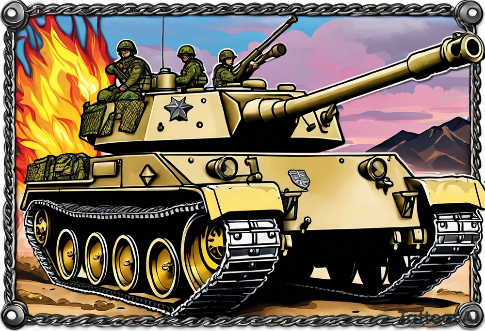 US Army 2nd Armored Division patch with dog tags & chain draped over the patch and M1 tank battle in background tattoo idea