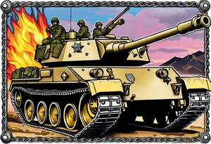 US Army 2nd Armored Division patch with dog tags & chain draped over the patch and M1 tank battle in background tattoo idea