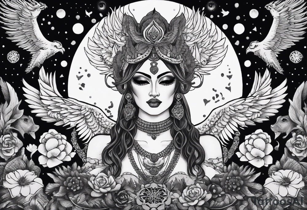 black kali, goddess pirate, alien, angel, pachamama, valkrye, warrior, flying, skull, lotus azul, wing, eagle, zenza resonance, stars, 5D, anahata chakra, death, durga, riding on a tiger, flying lady, kundalini, chest tatoo, samuri, rebel, serpent tattoo idea