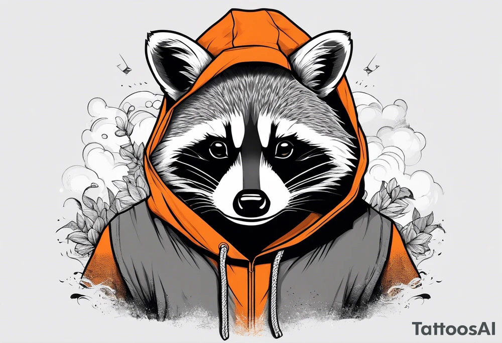 Raccoon wearing an orange Superman hoodie tattoo idea