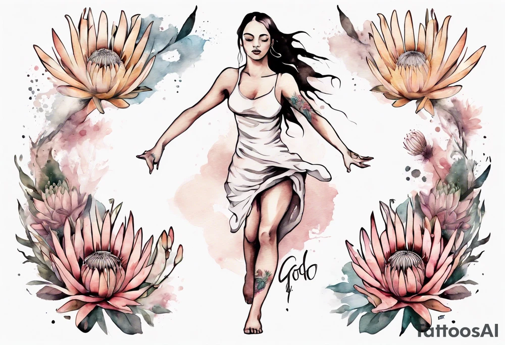Create a very feminine tattoo of a full figure dancing woman surrounded by protea flowers. Add the words: God is within her, she will not fall. tattoo idea