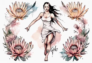 Create a very feminine tattoo of a full figure dancing woman surrounded by protea flowers. Add the words: God is within her, she will not fall. tattoo idea