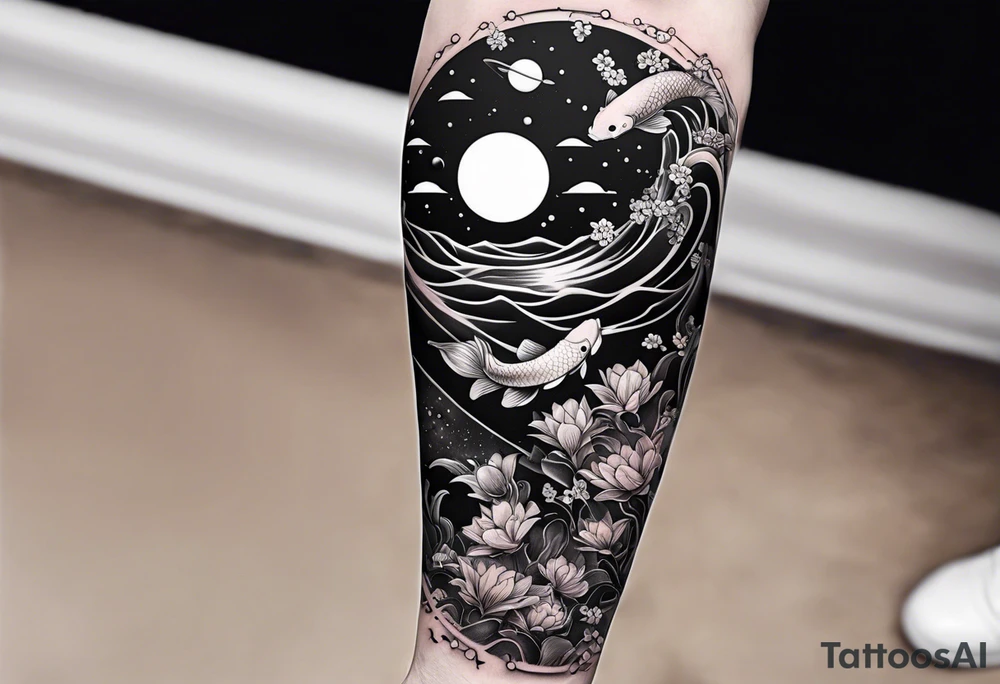 arm sleeve tatoo, space, nature, koi tattoo idea