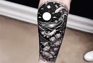 arm sleeve tatoo, space, nature, koi tattoo idea
