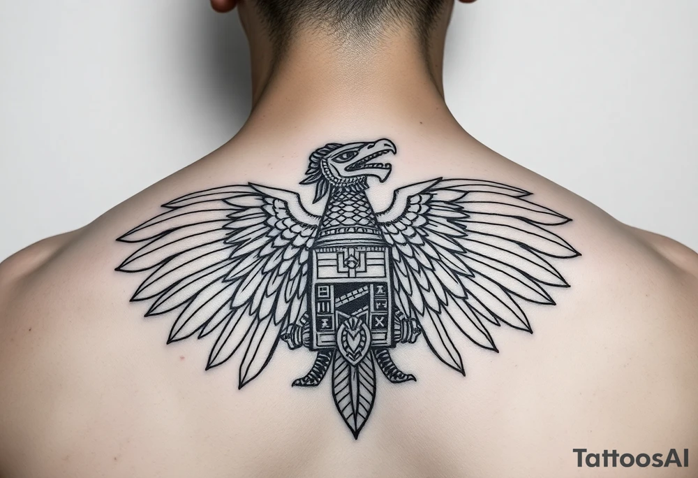 Quetzalcoatl Aztec pyrami treasure black and white tattoo idea