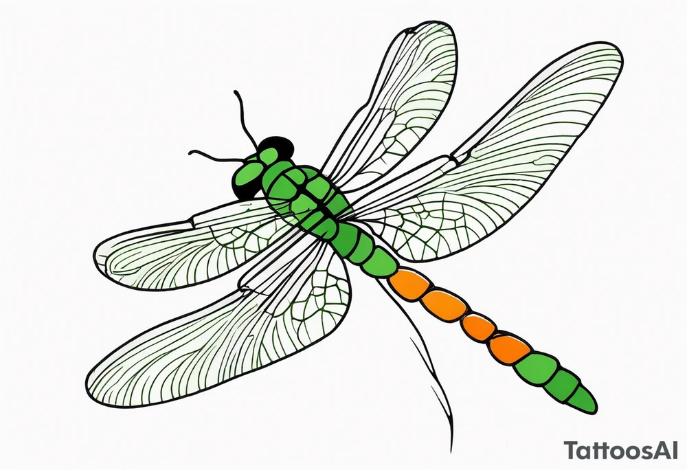 green and orange dragonfly on a twig tattoo idea