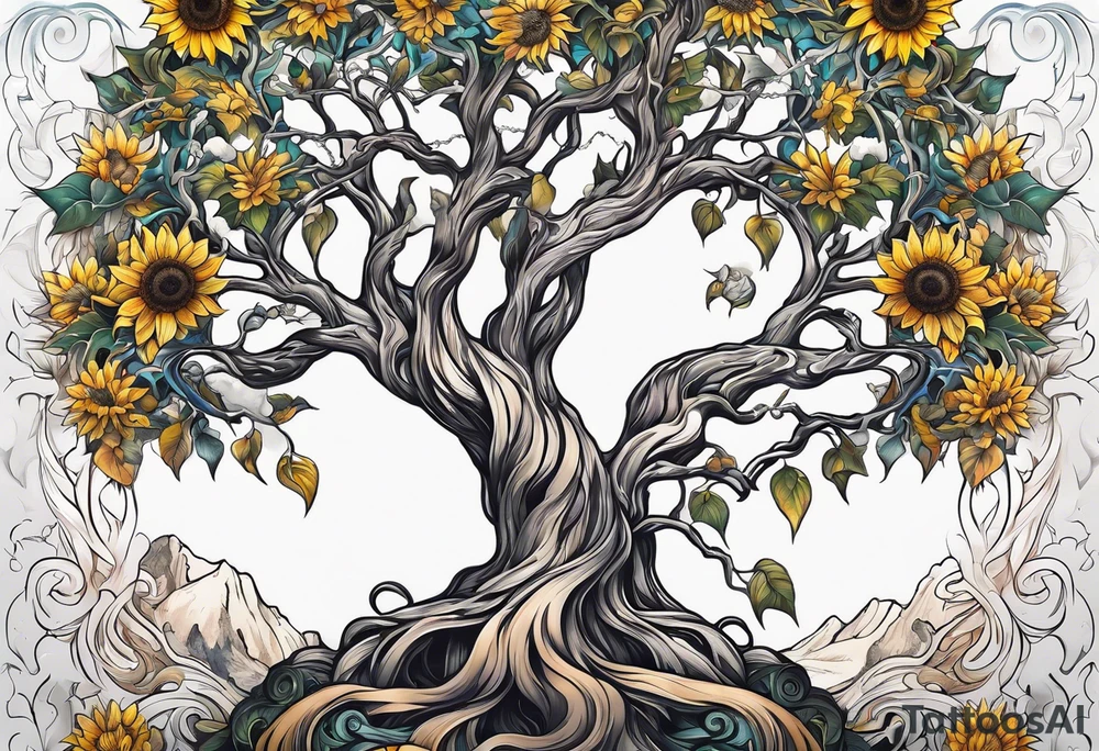 Yggdrasil tree, horse, sunflower tattoo idea