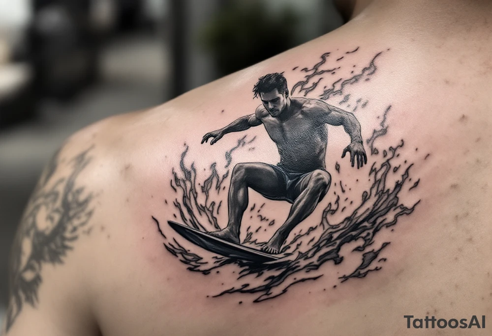 barefoot waterskier, surrounded by fire and water tattoo idea