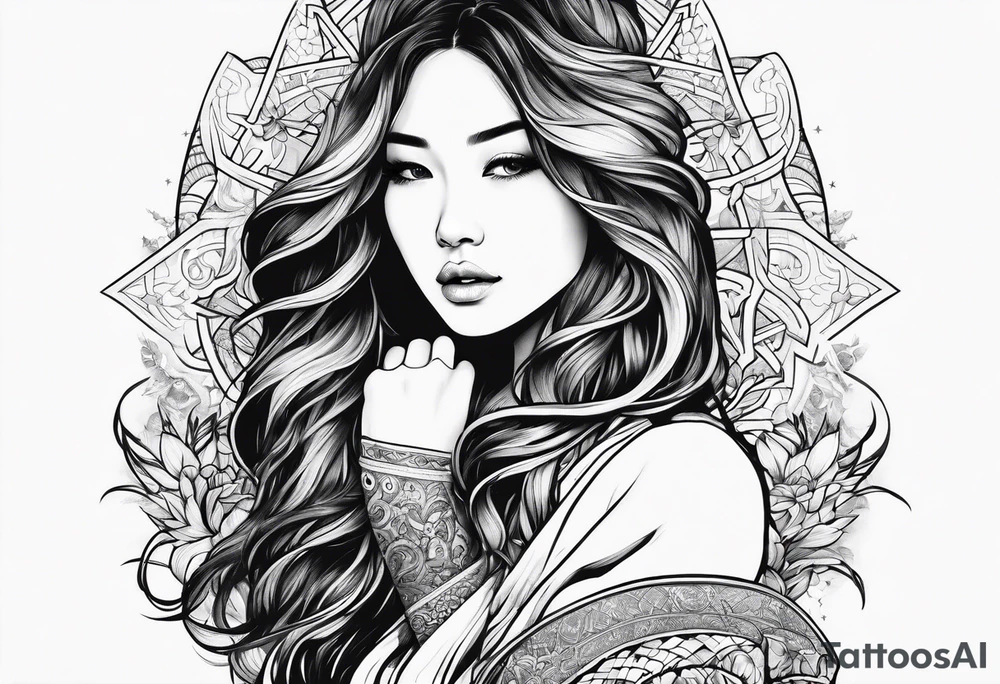 long haired woman reaching to stars tattoo idea