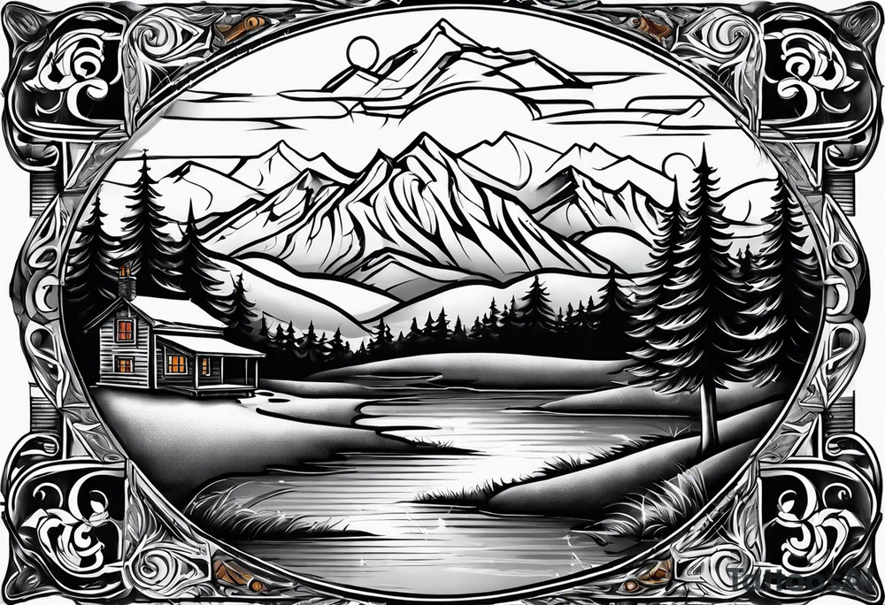 cross with whiskey glass, golf club, camp fire and cabin in the quandrants tattoo idea
