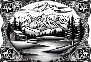 cross with whiskey glass, golf club, camp fire and cabin in the quandrants tattoo idea