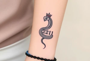 I want a small simple silhouette lines black and white wrist majestic royal snake tattoo that has number 12821 on its body along and also I want it to represent feminine energy crown queen Cycle tattoo idea