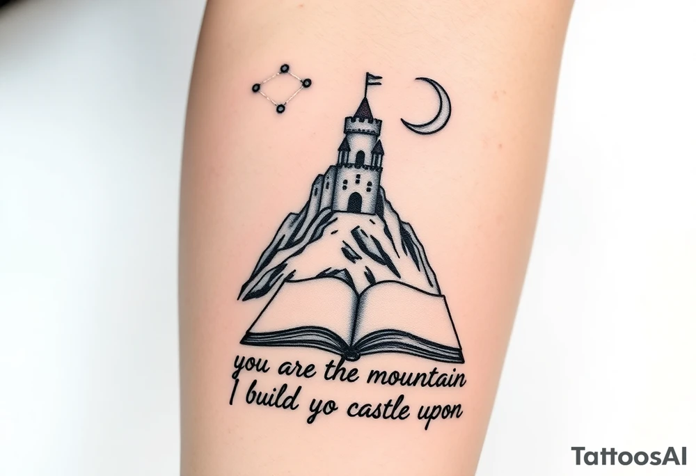 A small crumbling castle on a rocky mountain with an open book under the mountain. Above the castle are the 3 constellations aries, Libra and Sagittarius and a crescent moon. Underneath the open book are the words "you are the mountain I build my castle upon" tattoo idea