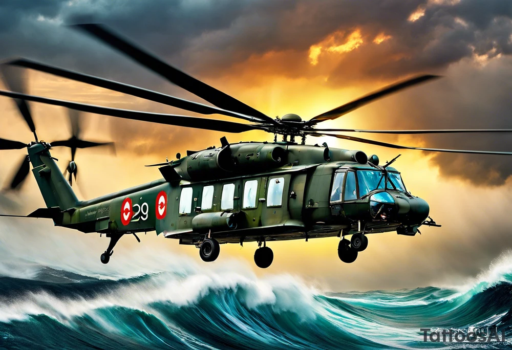A cinematic-style tattoo depicting a Canadian military CH-148 Cyclone helicopter performing a daring maneuver over a turbulent ocean. The sky should be filled with dramatic clouds, and the sun should be setting, casting long shadows. The helicopter should be the main focus, with intricate details and a sense of motion. In the background, a poppy should be prominently displayed, and a quote from 'Lest We Forget' should be included, black and white tattoo idea