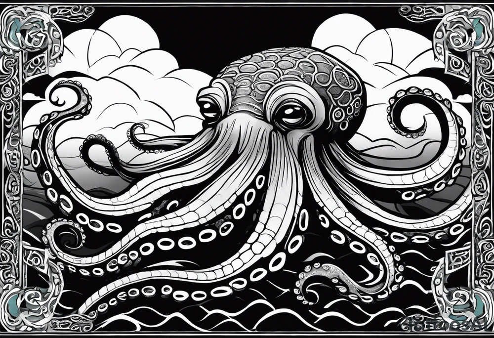 Tribal half sleeve octopus surrounded by ribbons of water waves filled with fish. a tribal sea turtle hidden in the lines of the head of the octopus. the octopus has no eyes. Use thick lines only with less detail tattoo idea