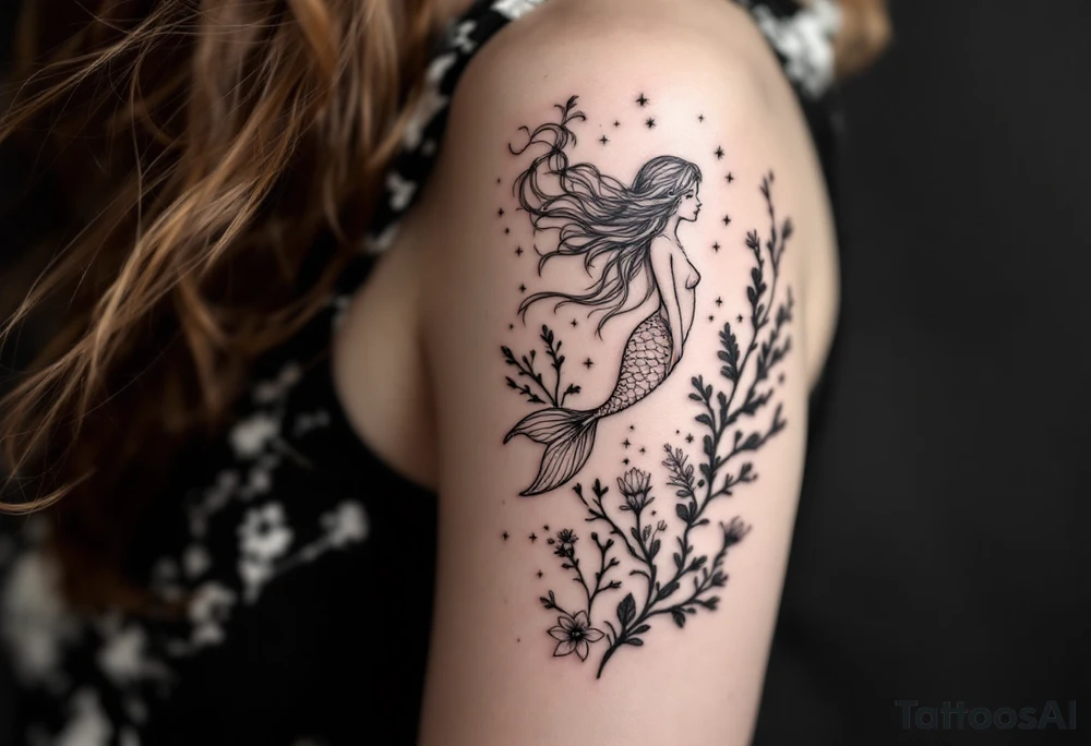 ethereal mermaid with flowing hair among coral and sea flowers tattoo idea