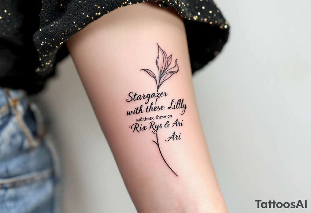 Stargazer Lilly 
with these words on stem in cursive (Rix Rys & Ari) long elegant stem with subtle shadowing through drawing in pink hues tattoo idea