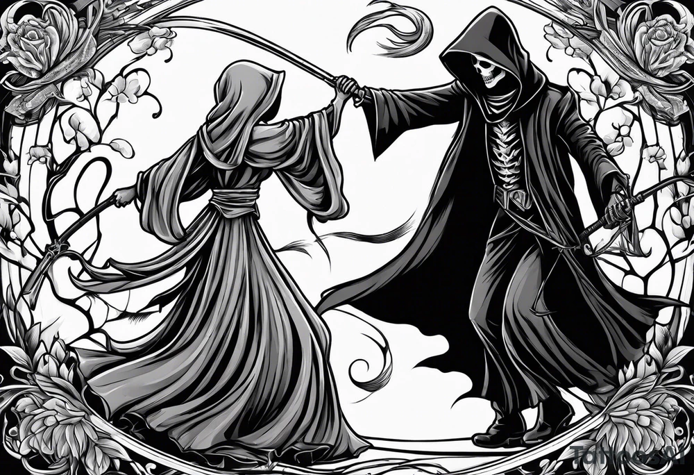 Grim reaper dances with girl tattoo idea