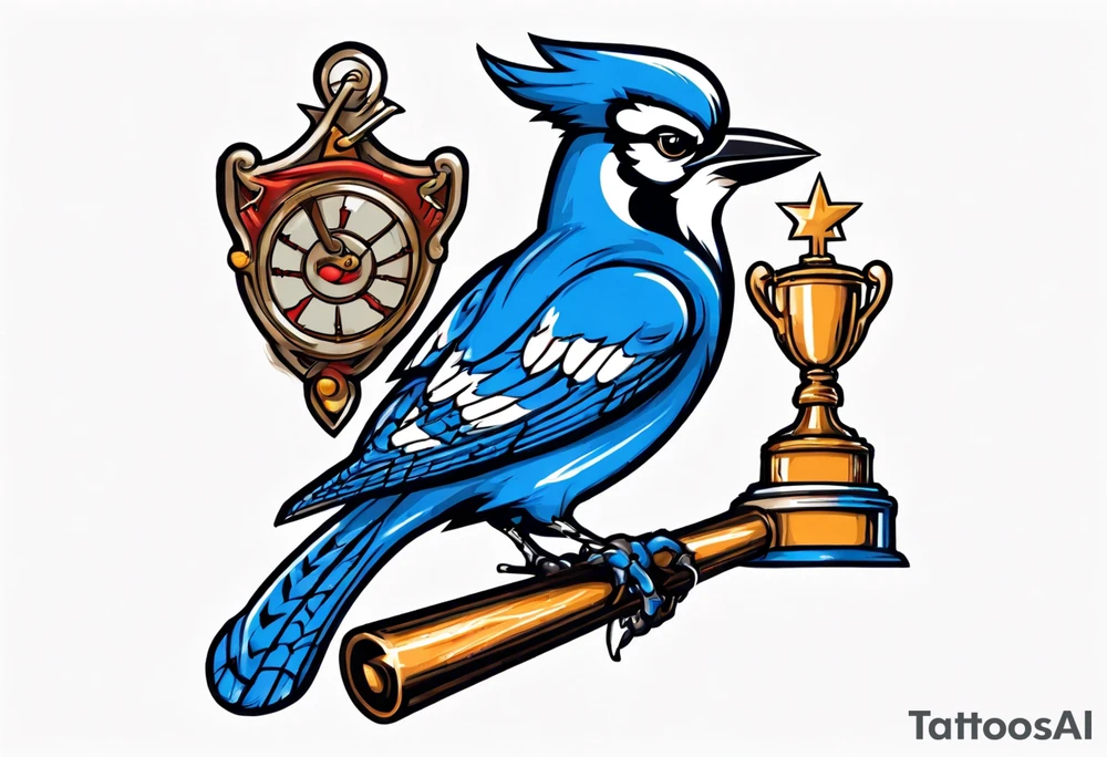 mean looking bluejay holding a trophy tattoo idea