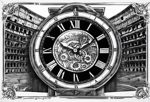 A mechanical clock with internal gears transitions into a weathered Roman colosseum in the background. A script quote, “it’s not the critic that counts it’s the man in the arena@ embedded tattoo idea