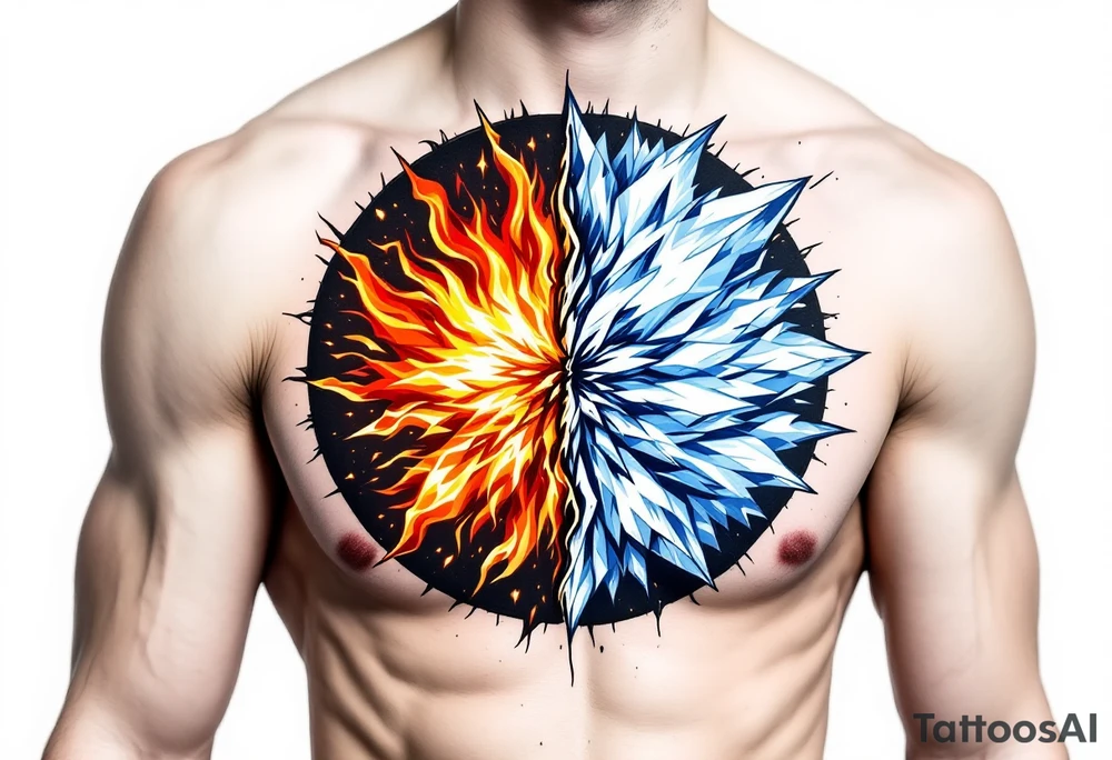 A circle made of fire and ice: one half glowing orange-red, the other pale blue and white. tattoo idea