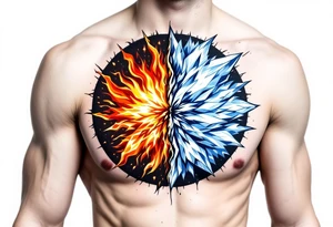 A circle made of fire and ice: one half glowing orange-red, the other pale blue and white. tattoo idea