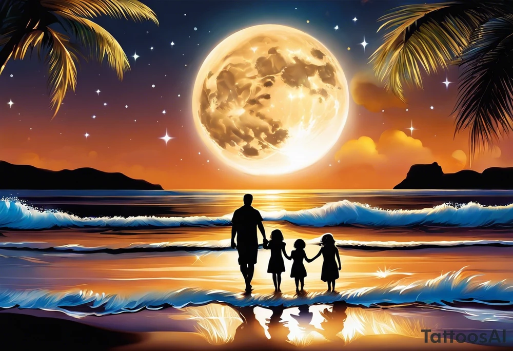Create a stunning image of a realistic tattoo design that features a husband and wife holding hands, accompanied by their two children, walking along a beautiful beach. The moon shines radiantly in the night sky, illuminating the serene scene. Let your creativity flourish as you envision the intricate details that bring this tattoo to life, encapsulating the essence of love, family, and the awe-inspiring beauty of nature. tattoo idea