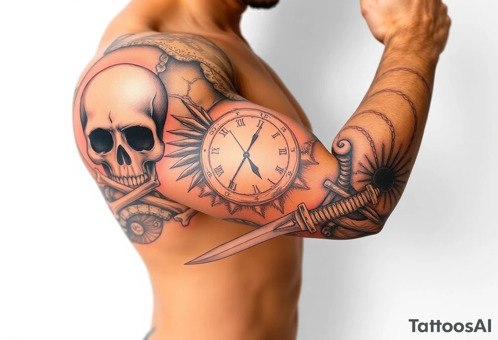 Skull and crossbones, sun, clock face, dagger tattoo idea