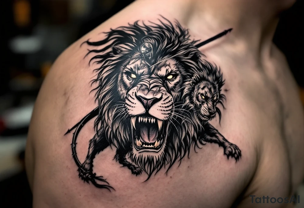 Black warrior riding on top of lion into battle tattoo idea