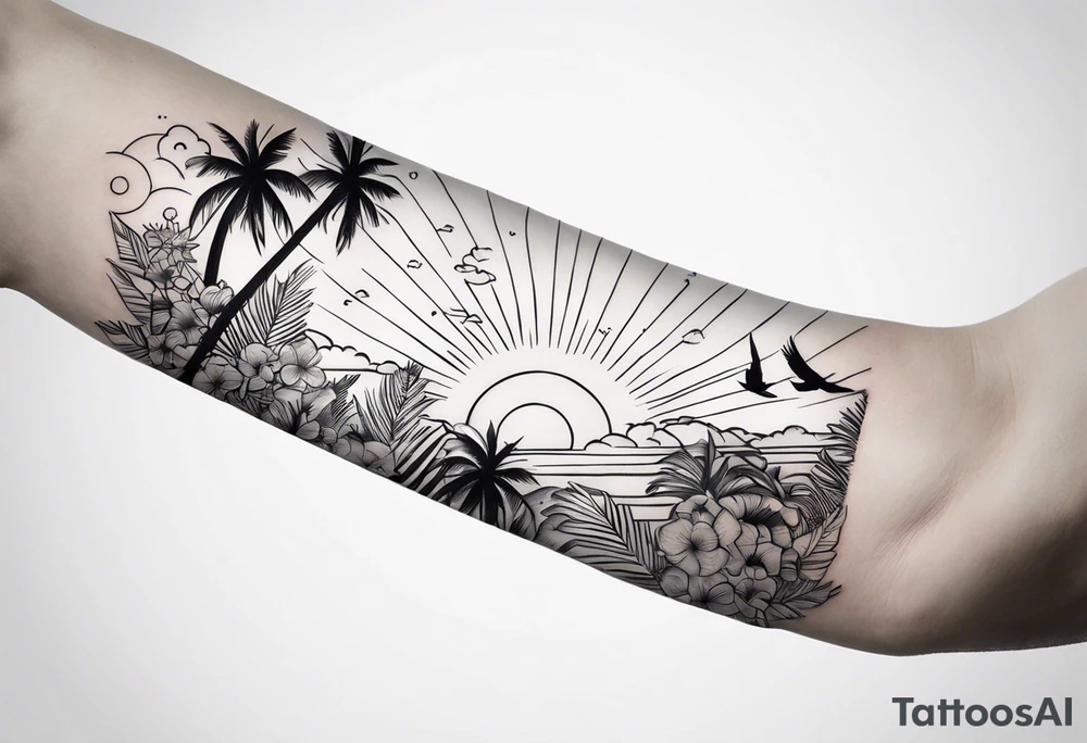 arm sleeve, clouds, dove, sun, flowers, palm trees, tattoo idea