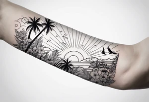 arm sleeve, clouds, dove, sun, flowers, palm trees, tattoo idea