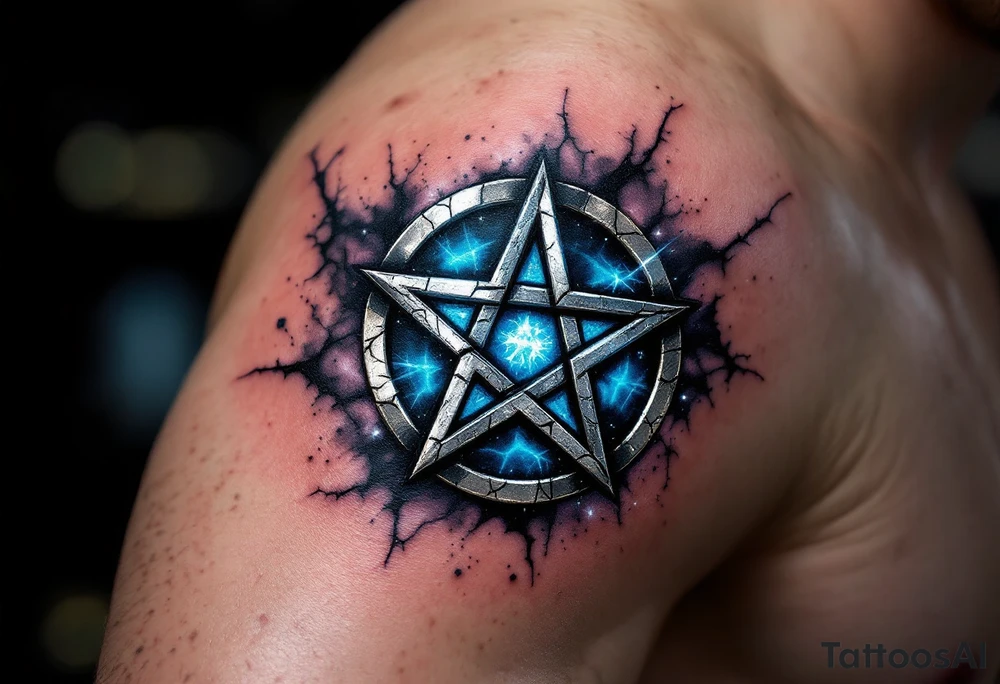 A metallic silver pentagram -  five-pointed star with cracked edges, surrounded by black mist and ethereal blue glow. tattoo idea