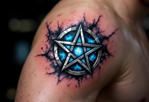 A metallic silver pentagram -  five-pointed star with cracked edges, surrounded by black mist and ethereal blue glow. tattoo idea