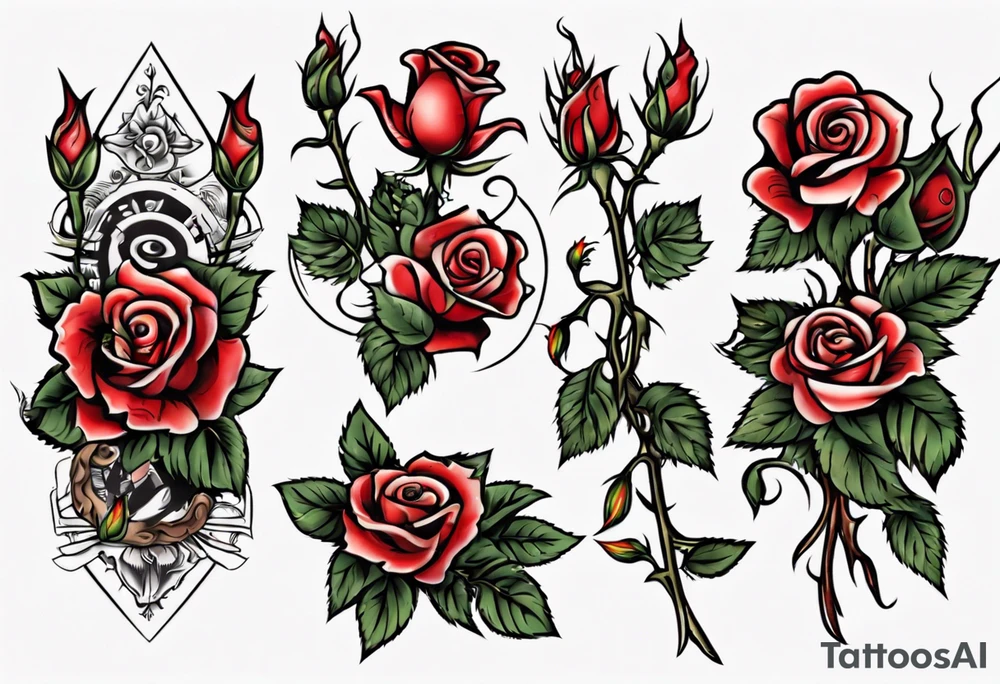 Traditional rose with three traditional flowers around it tattoo idea