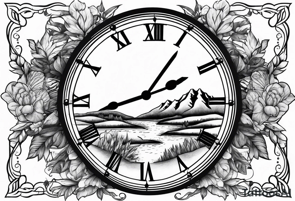 clock with landscape tattoo idea