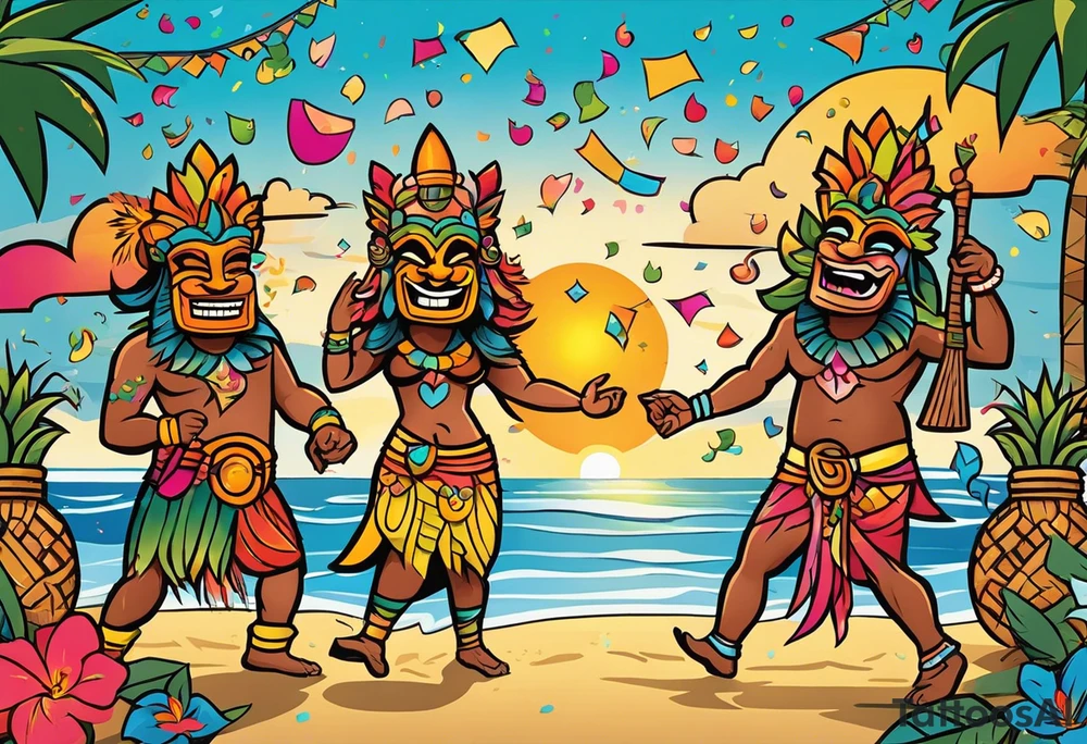 dancing tiki gods dance party on the beach with a sunset in the center of the image with confetti and music notes and tattoo idea