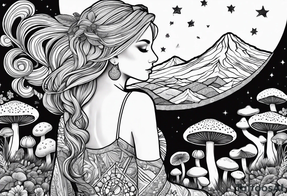 Straight blonde hair girl holding mushrooms in hand meditating facing away toward mountains surrounded by mushrooms crescent moon mandala circular design black and white striped dress tattoo idea