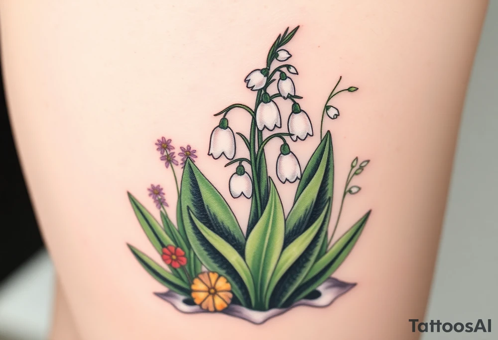 Small White lily in the valley bells growing next to other different colored lilie plants planted 
around  blooming hawthorn tree tattoo idea