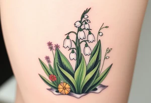 Small White lily in the valley bells growing next to other different colored lilie plants planted 
around  blooming hawthorn tree tattoo idea