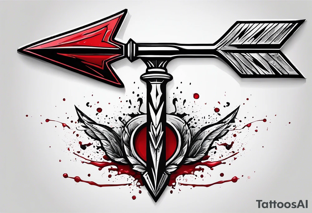 an arrow with only one drip of blood on the tip of it simple line art tattoo idea