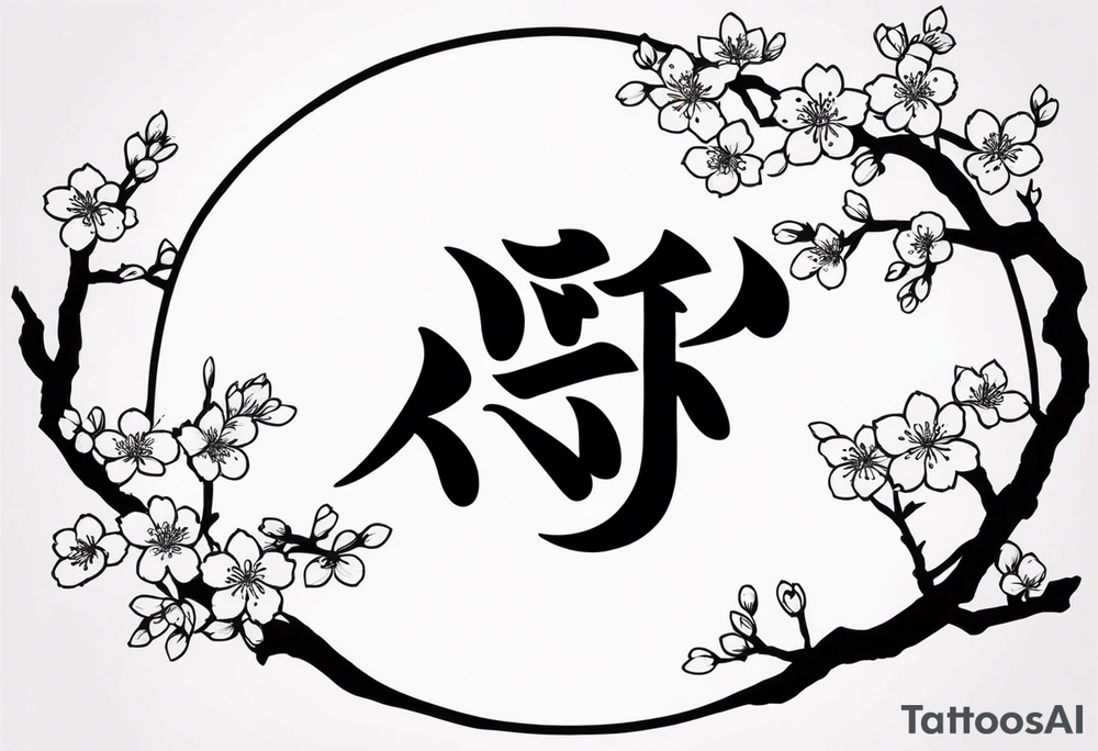 Shadow kanji inside half circle with small cherry blossoms tattoo idea Shadow kanji inside half circle with small cherry blossoms tattoo idea