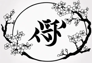 Shadow kanji inside half circle with small cherry blossoms tattoo idea