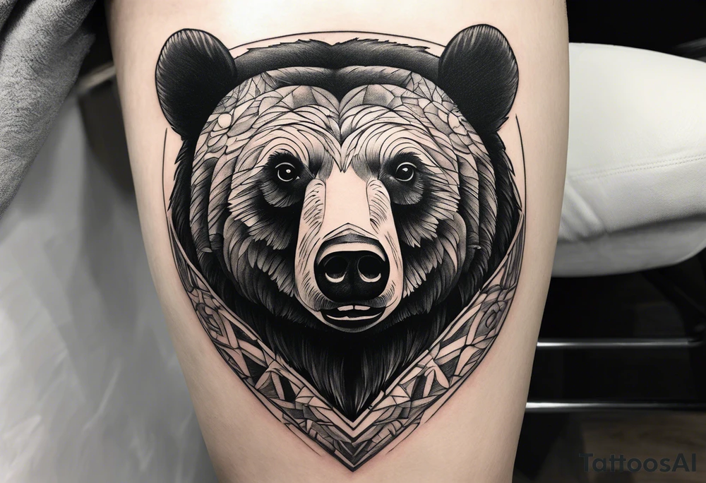 Large thigh tattoo, realism, black and white, black bear with the new river gorge in the background tattoo idea